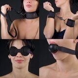 Комплект: наручники, кляп-шарик, маска. Цвет черный